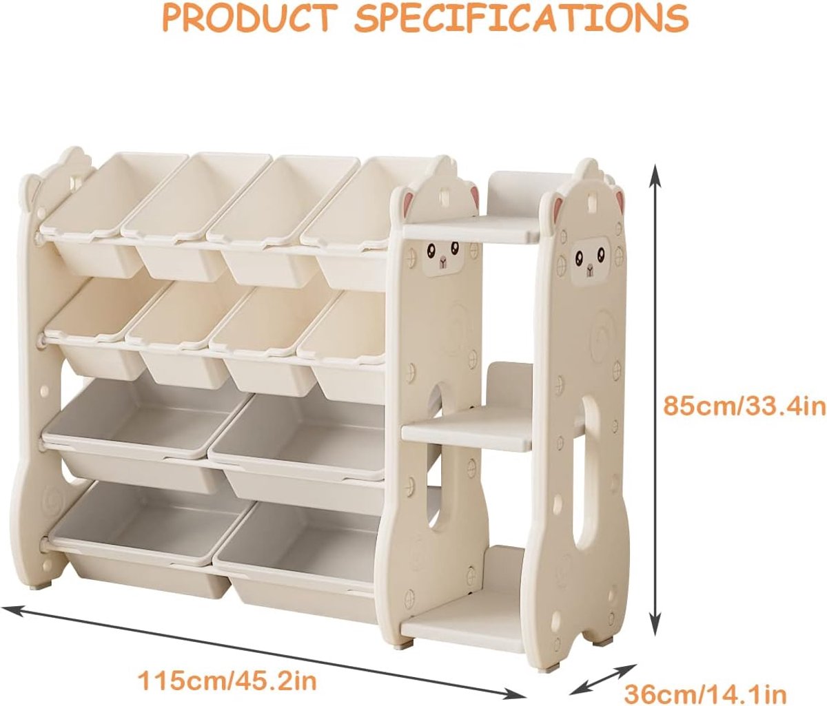 SnelShoppen - Kinderen Speelgoed Rek met Ronde Hoeken, Multifunctionele Opbergkast met 4 Planken, Wit Boekrek voor Kinderen, Opbergruimte voor Boeken