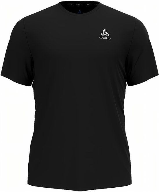 Zwart Odlo hardloopshirt voor heren met een klein wit logo op de borst.