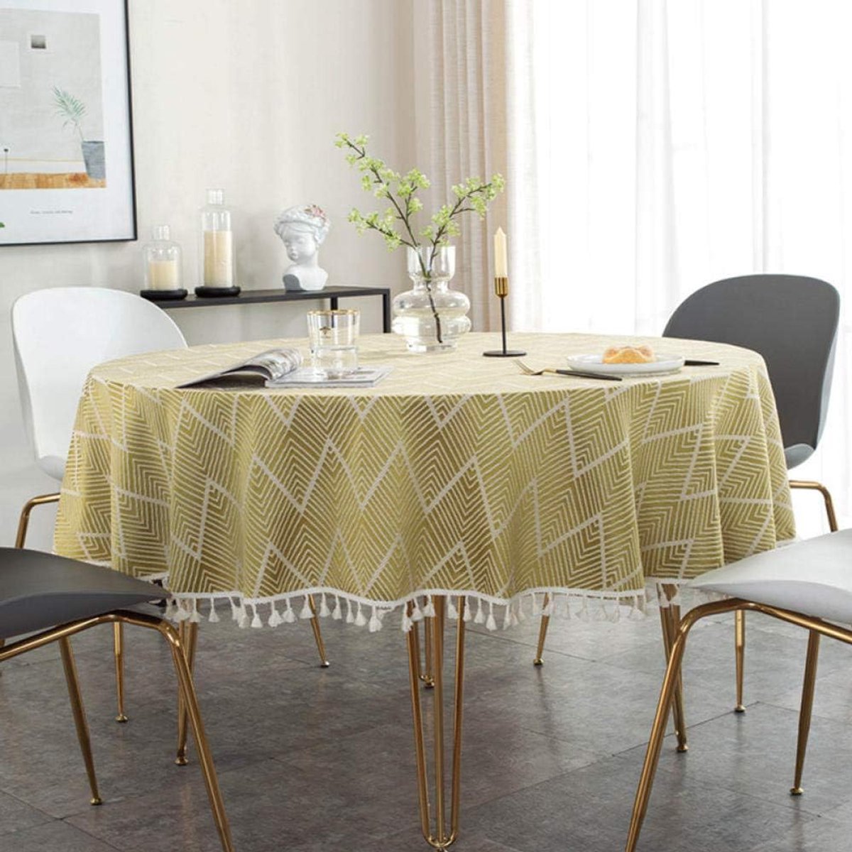 Tafelkleed Jacquard - Koffietafel Cover Ronde Tafel - Eettafel Decoratie - Waterdicht Slijtvast - 200 cm - Geel