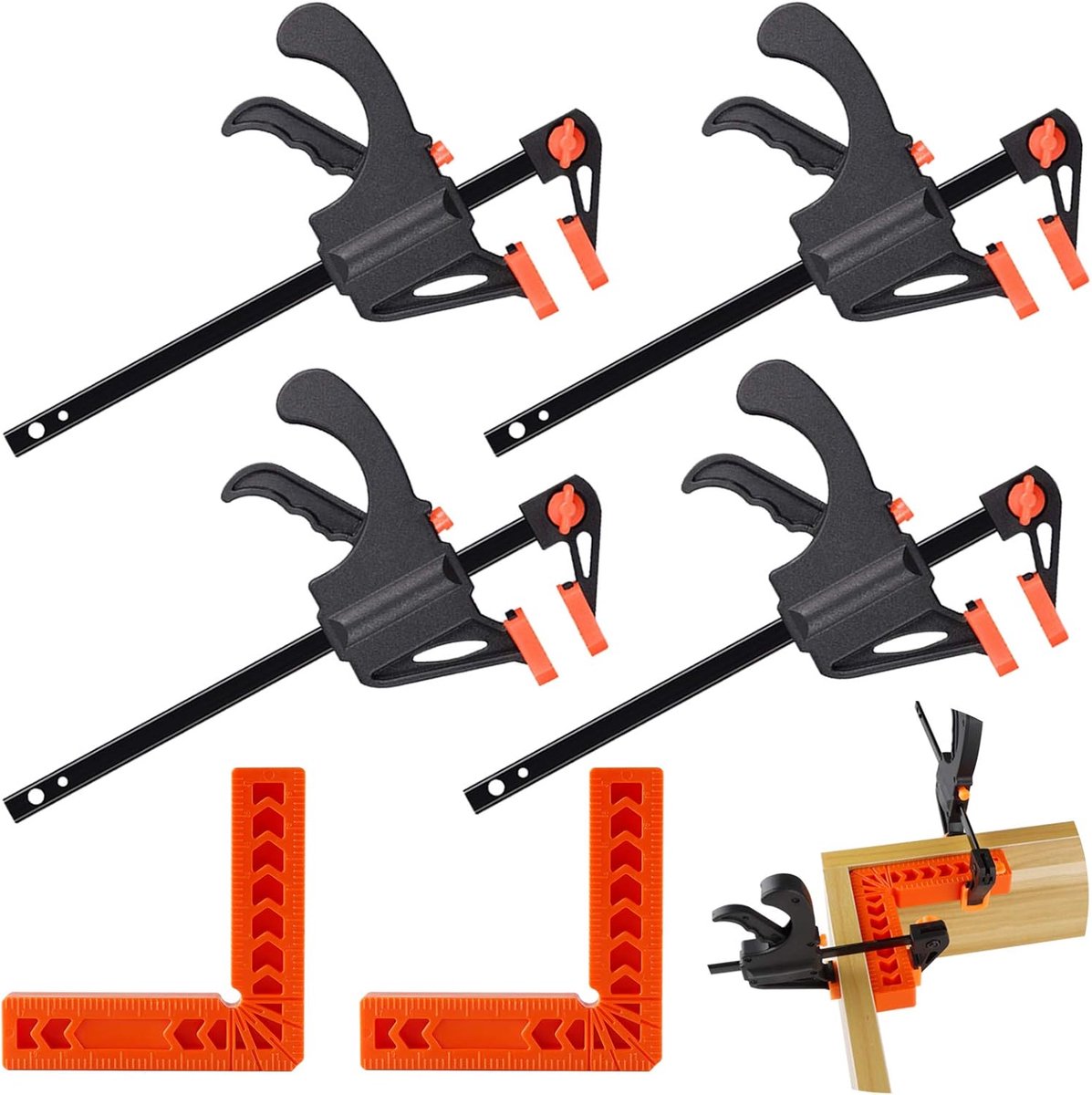 SnelShoppen - 6 Stuks Rechte Klemmen en Hoek Klemmen Set 90 Graden 4 Inch, Snelle Grip Klemmen voor Houtbewerking en DIY Projecten