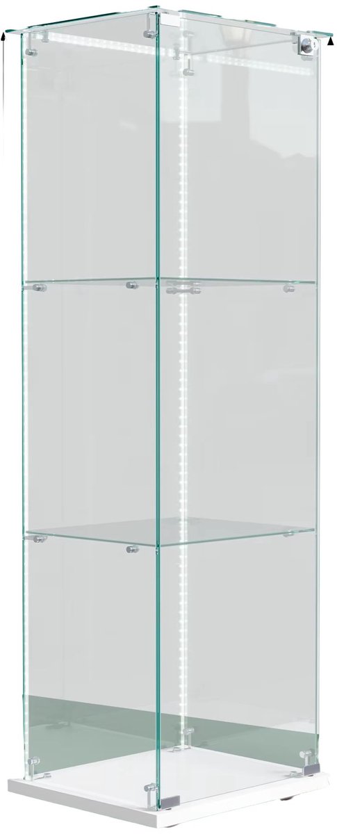 Happiq Vitrinekast Displaykast - Wit White 1Doors Strip - Afmetingen: 123, 3 x 78, 5 x 35 Cm - met 1 Deur met Slot, Glazen Planken en LED