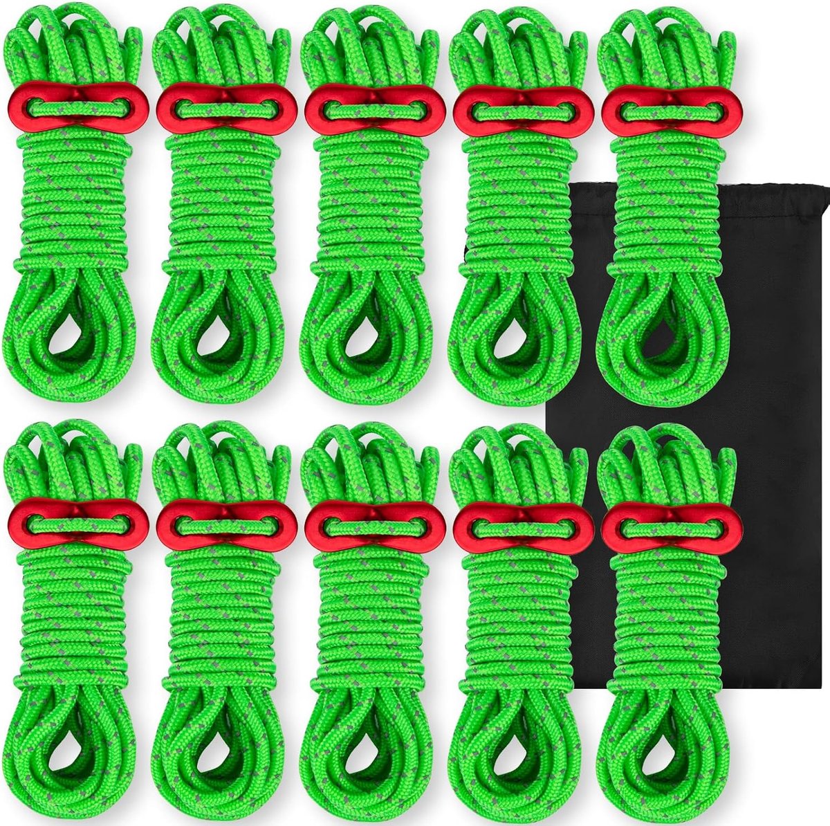 SnelShoppen - Pack van 8 Reflecterende Collet Touwen met Aluminium Plaat 4 mm x 400 mm - Lichtgewicht voor Tent Camping en Buitenactiviteiten - Groen