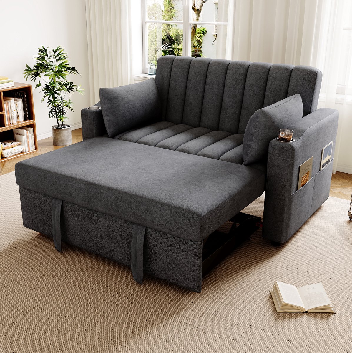 COVREO Slaapbank 136x162x84 cm grijs, stoffen bekleding met bekerhouder