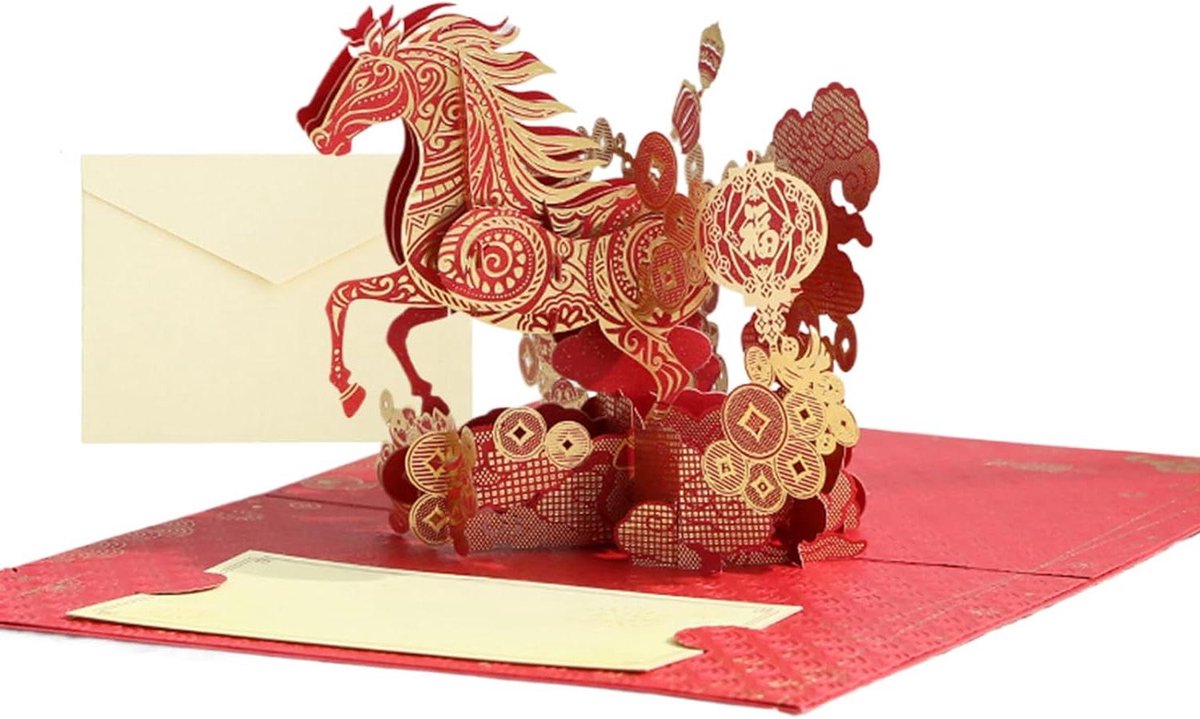 Paarden Vakantiekaarten - Verjaardagskaart Paard - Feestelijke Groeten - 3D Paardenontwerp - 15x20cm - Roodgoud