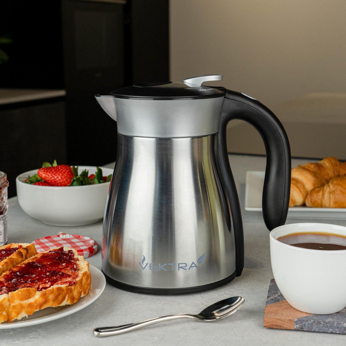 SnelShoppen - Vektra VEK-1701 Vacuüm-geïsoleerde Waterkoker 1,7 L Roestvrij Staal - Dubbelwandig, Thermoskan 2-in-1 met Warmhoudfunctie, BPA-vrij, Dra