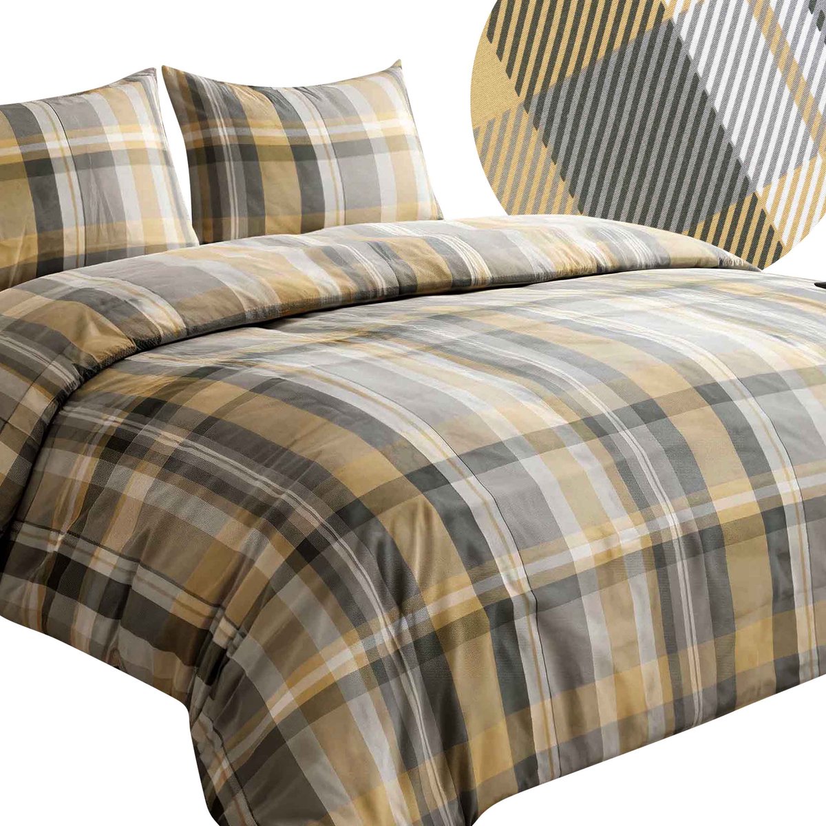 Darymex Satynlove Dekbedovertrek 140x200 cm - Grijs / Geel - Klassieke Ruit - 100% Katoen-Satijn (120 g/m²) - 1-Persoons - Met Ritssluiting - OEKO-TEX® - Met 1 Kussensloop 70x80 cm