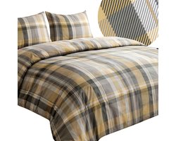 Darymex Satynlove Dekbedovertrek 140x200 cm - Grijs / Geel - Klassieke Ruit - 100% Katoen-Satijn (120 g/m²) - 1-Persoons - Met Ritssluiting - OEKO-TEX® - Met 1 Kussensloop 70x80 cm