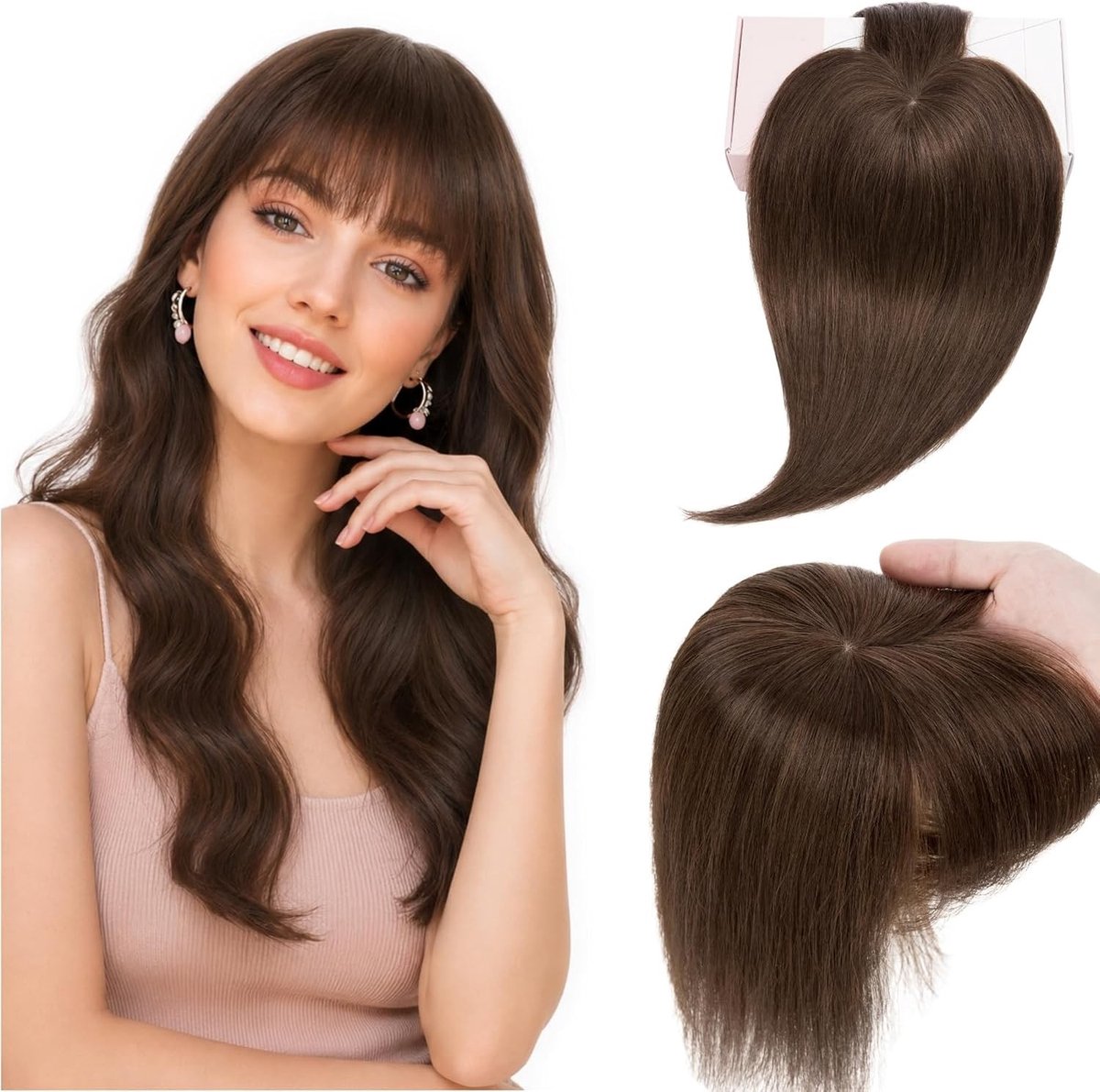 Clip-in haarstukjes van echt haar met pony voor dames, 360° 3D-afdekking, natuurlijke haartopper, Remy-mensenhaar, 35 cm, #4 middenbruin, perfect voor volume en lengte