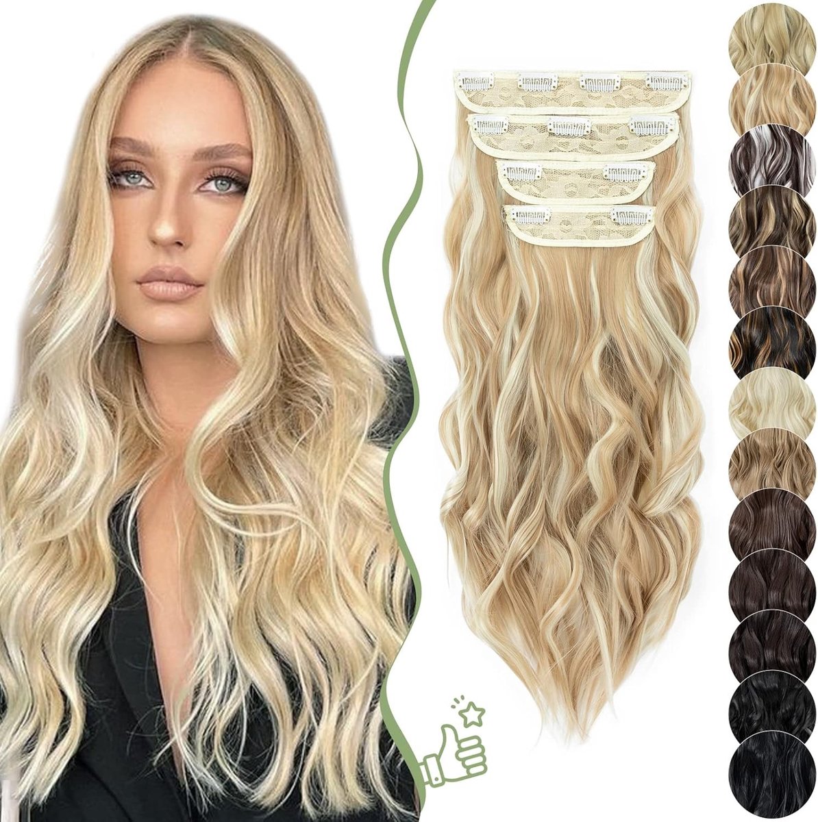 Clip-In Haarextensions 55 cm - 4 Delen, Donkerblond en Bleach Blond Haarstuk voor Vrouwen, Gemakkelijk te Bevestigen en Stijlvol