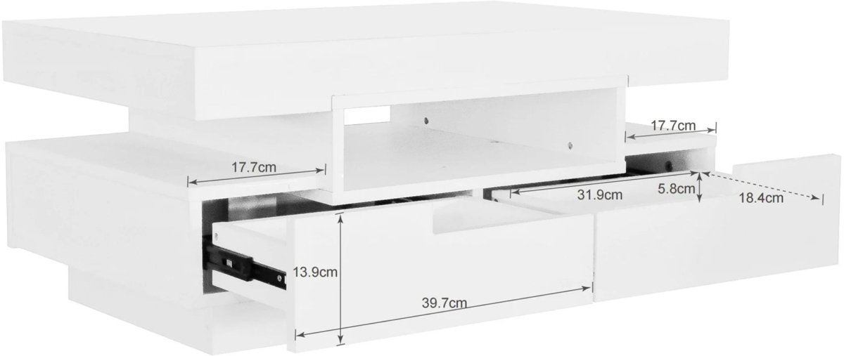 Salontafel 80x50x36cm Wit – Moderne Koffietafel met LED Verlichting, Lades en Opbergruimte
