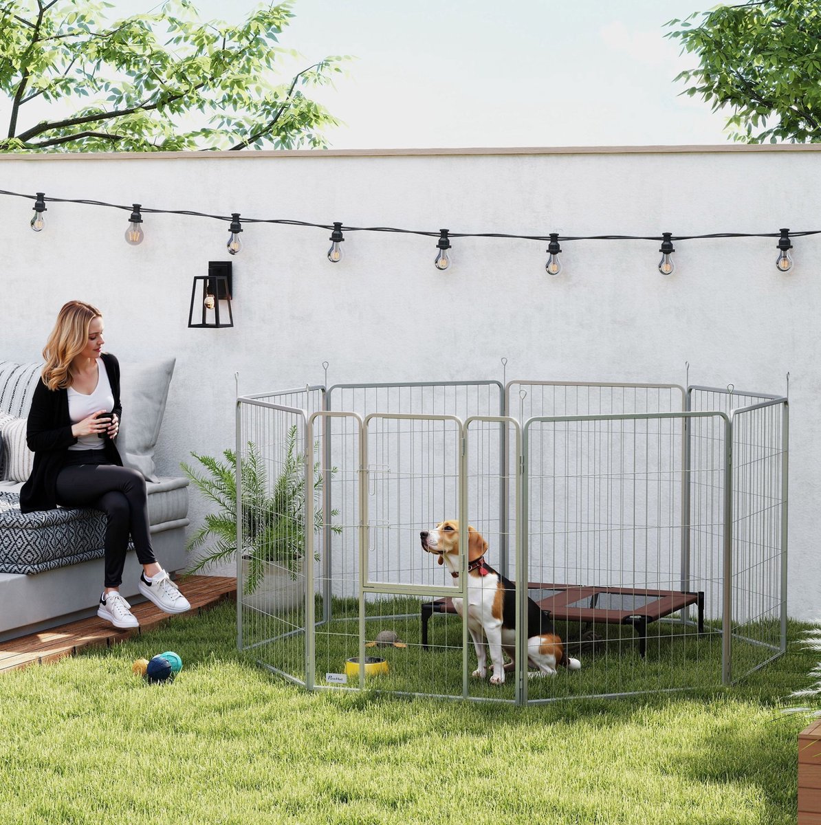 COVREO Puppyren 100 cm hoog, 8-delig, staal, zilver, opvouwbaar met deur