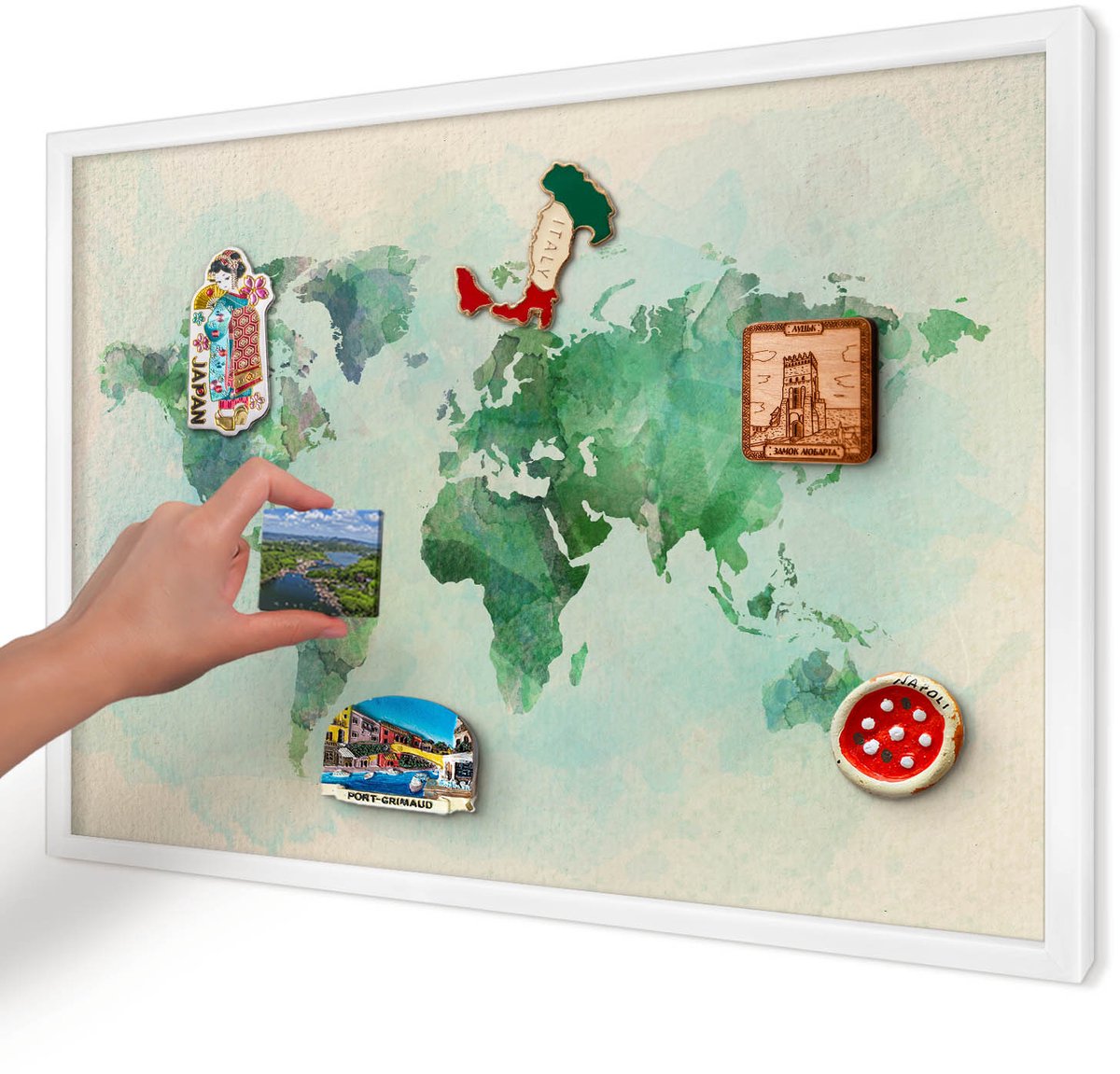Artprintcave Groente Magneetbord mit Witte Lijst - 60x40 cm - Wereldkaart Wandbord Magnetisch - Waterverf Magnetisch Bord - Kaarten