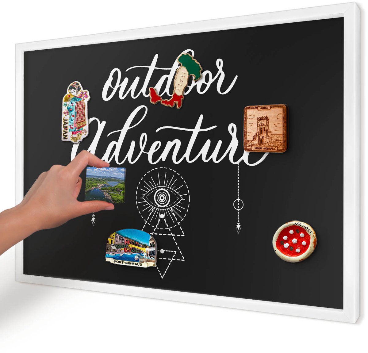 Artprintcave Zwart Magneetbord mit Witte Lijst - 60x40 cm - Buitenavontuur Memobord Keuken - Typografisch Wandbord Magnetisch - Teksten