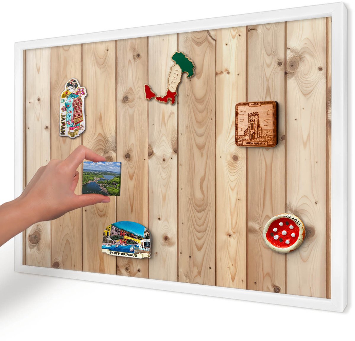 Artprintcave Beige Magneetbord mit Witte Lijst - 60x40 cm - Houten Planken Magnetische Organizer - Rustiek Memobord Keuken - Texturen