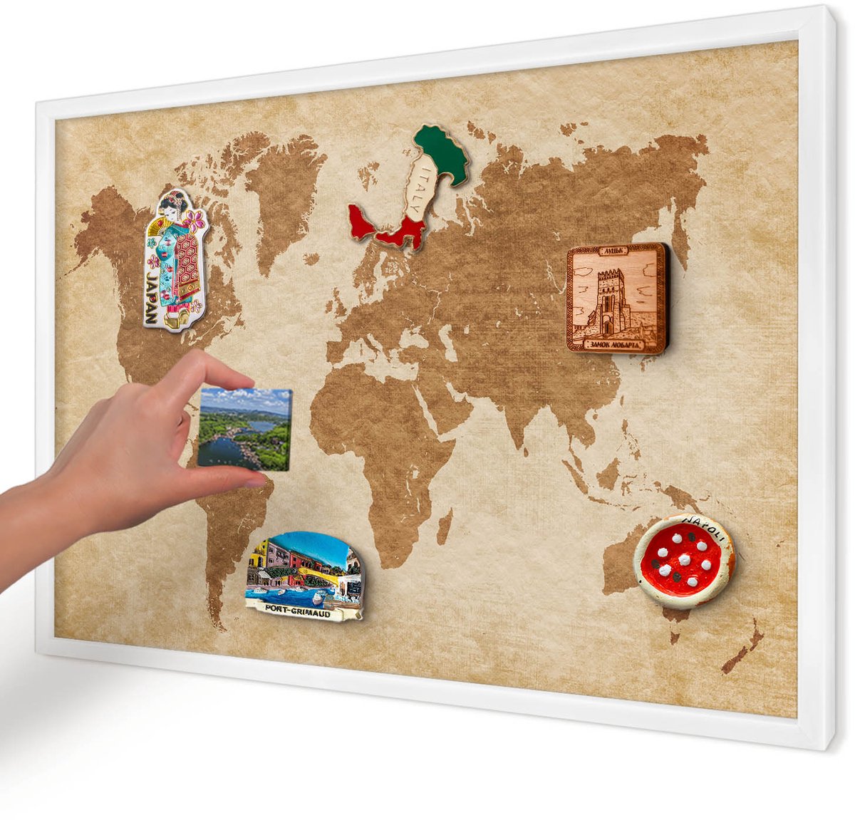 Artprintcave Beige Magneetbord mit Witte Lijst - 60x40 cm - Vintage Kaart Wandbord Magnetisch - Vintage Memobord Keuken - Kaarten