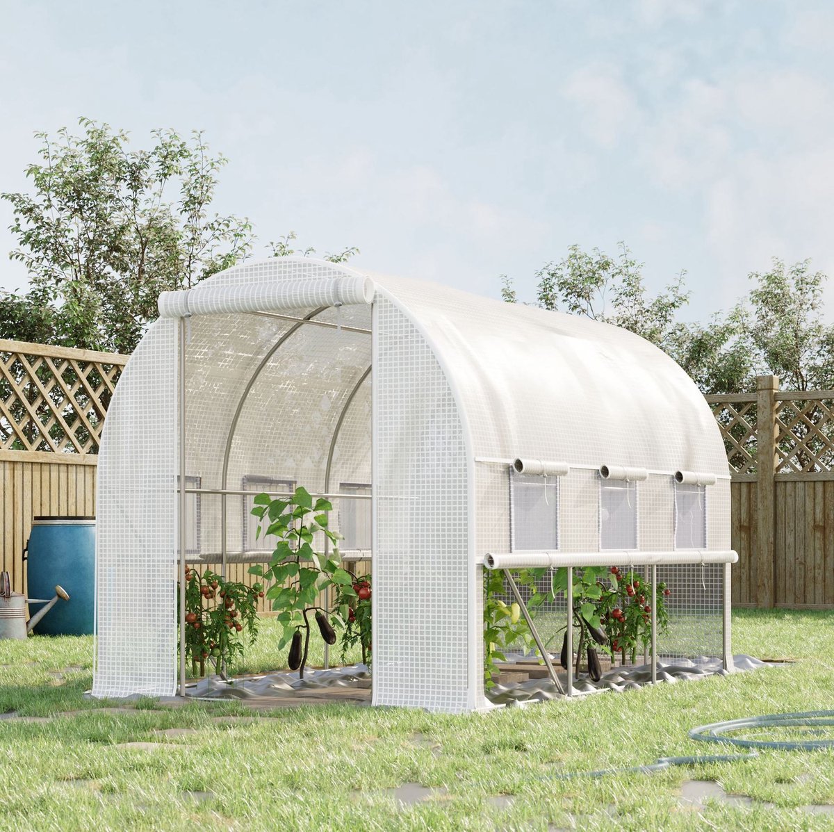 COVREO Tunnelkas 295x200x200 cm wit, stalen frame met 6 oprolbare ramen