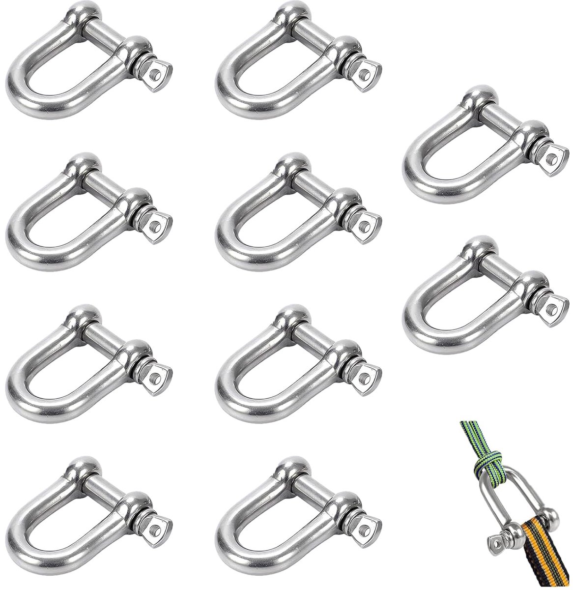 SnelShoppen - 10 Stuks RVS 304 D-Ringen, D-vormige Koppelingen, Grote Beugels voor Touwen, Tuinprojecten, Camping, Kinderspeelgoed, Zilver - M6