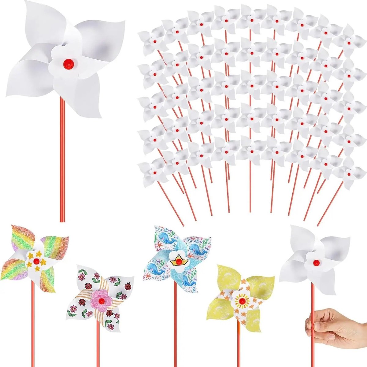 100 doe-het-zelf-windmolentjes voor kinderen | Blanco windmolentjes, klaar om ingekleurd en creatief versierd te worden – ideaal als educatief hulpmiddel voor scholen.