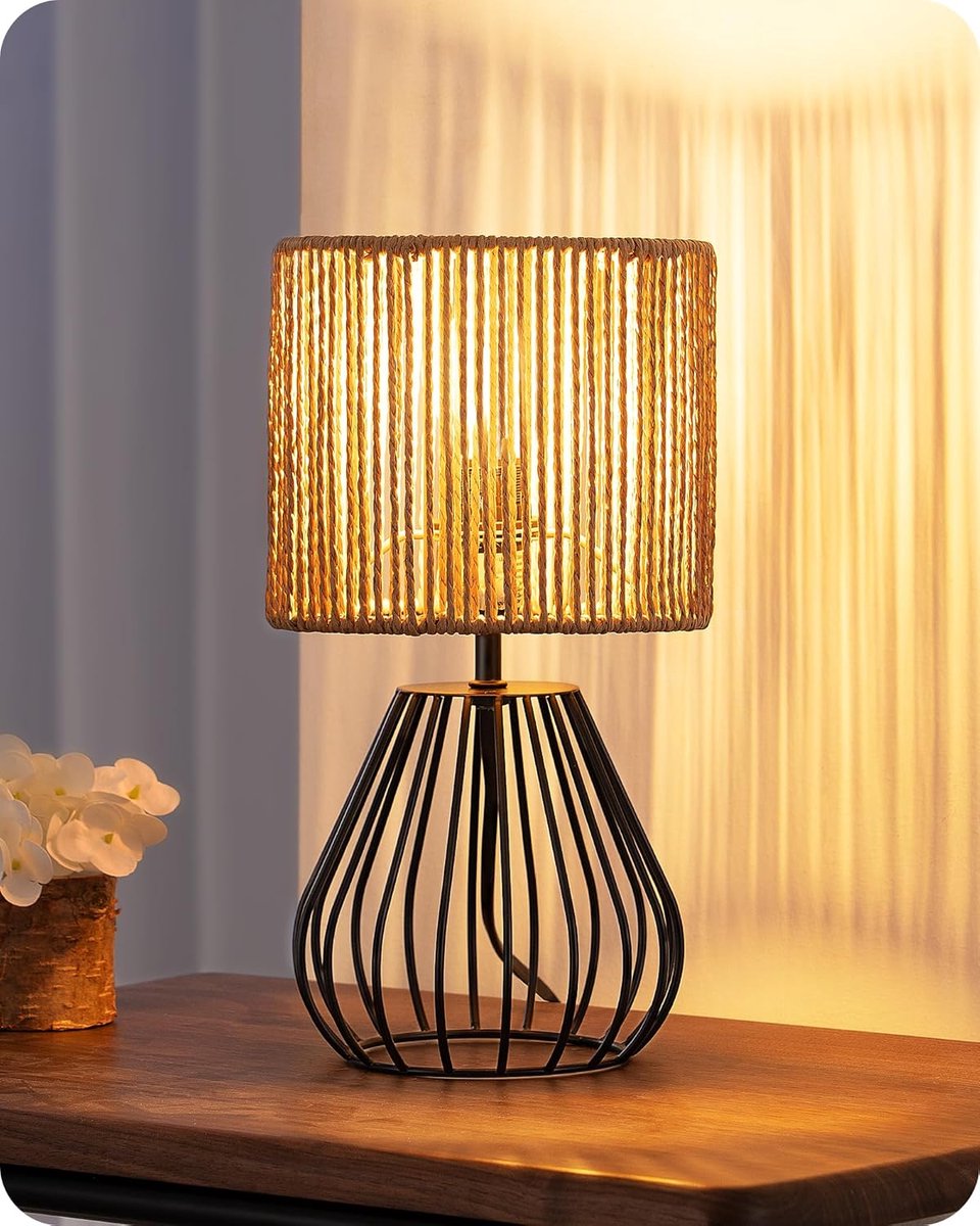SnelShoppen - Boho Tafellamp Woonkamer met Geweven Papieren Koord Lampenkap, Metalen Rasterlook, E14 Nachtlamp Vintage voor Slaapkamer, 29cm, Inclusie