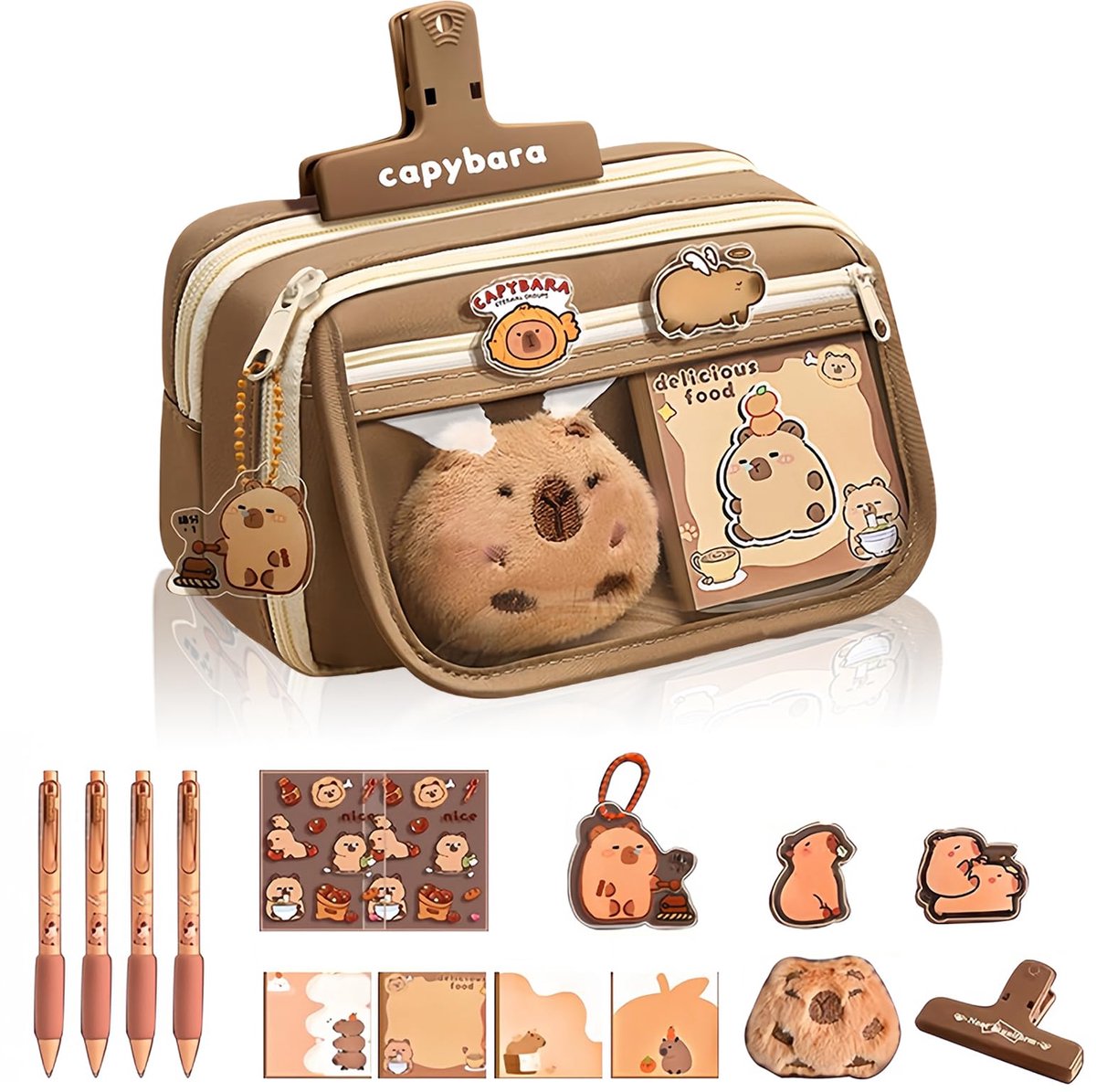 Omgoods - Capybara Pennenbak Set - Inclusief Stickers en Pluche Sleutelhanger