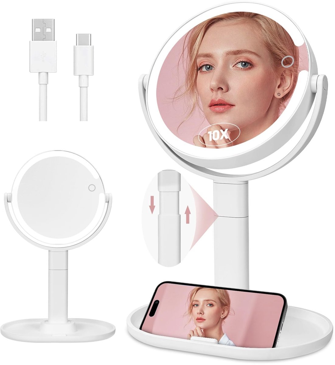 Omgoods - Dubbelzijdige Makeup Spiegel met Verlichting - 1X/10X Vergroting