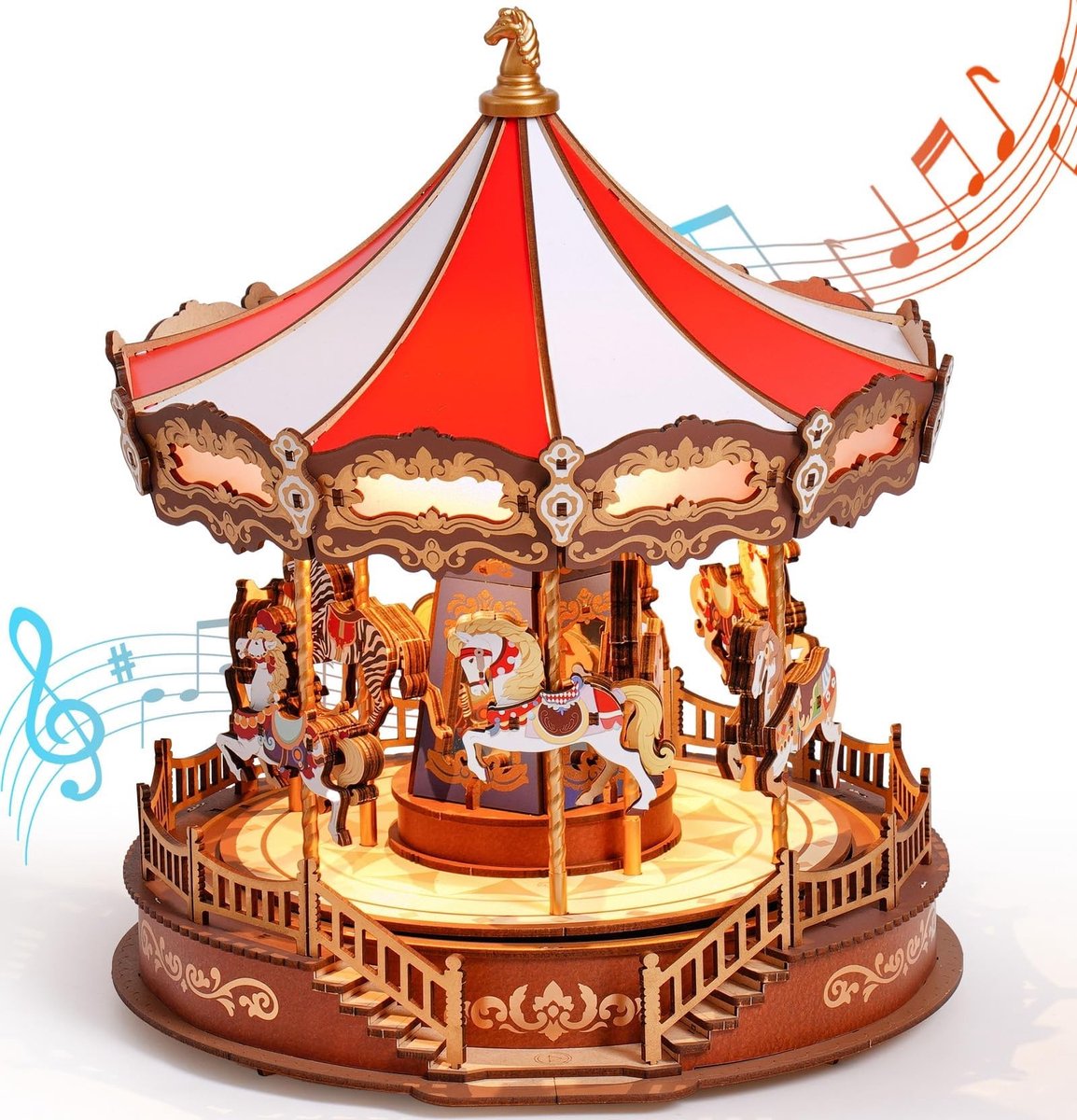 Omgoods - 3D Houten Puzzel Carousel Muziekdoos voor Volwassenen
