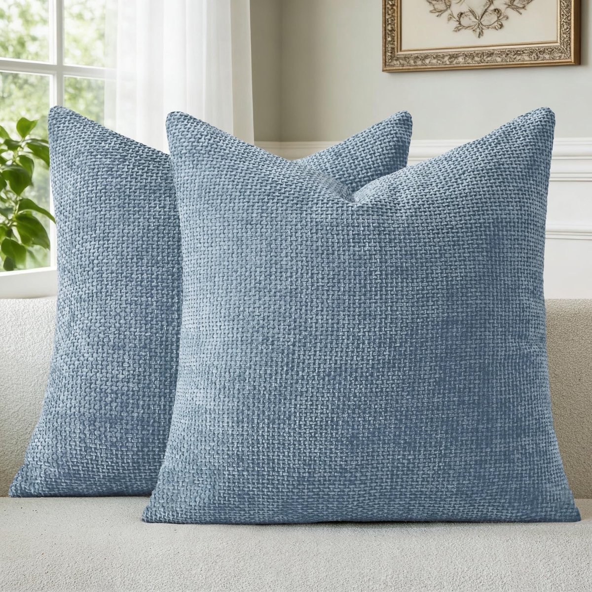 Omgoods - Set van 2 Chenille Kussenslopen Blauw 50 x 50 cm Wasbaar en Zacht