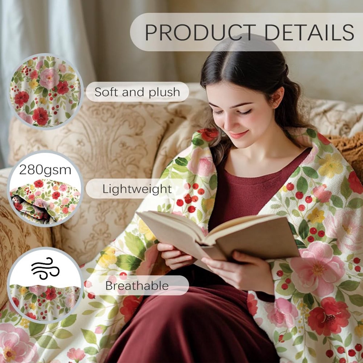 Omgoods - Flanellen Deken met Veldbloemenpatroon 150 x 130 cm