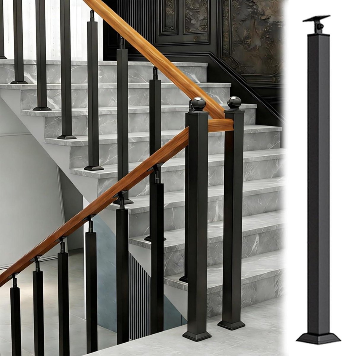 Balusterpalen met houders - Trapleuningen Leuningpalen - Veiligheid Thuis - Verstelbare Hoekhouder - 65 cm - Zwart