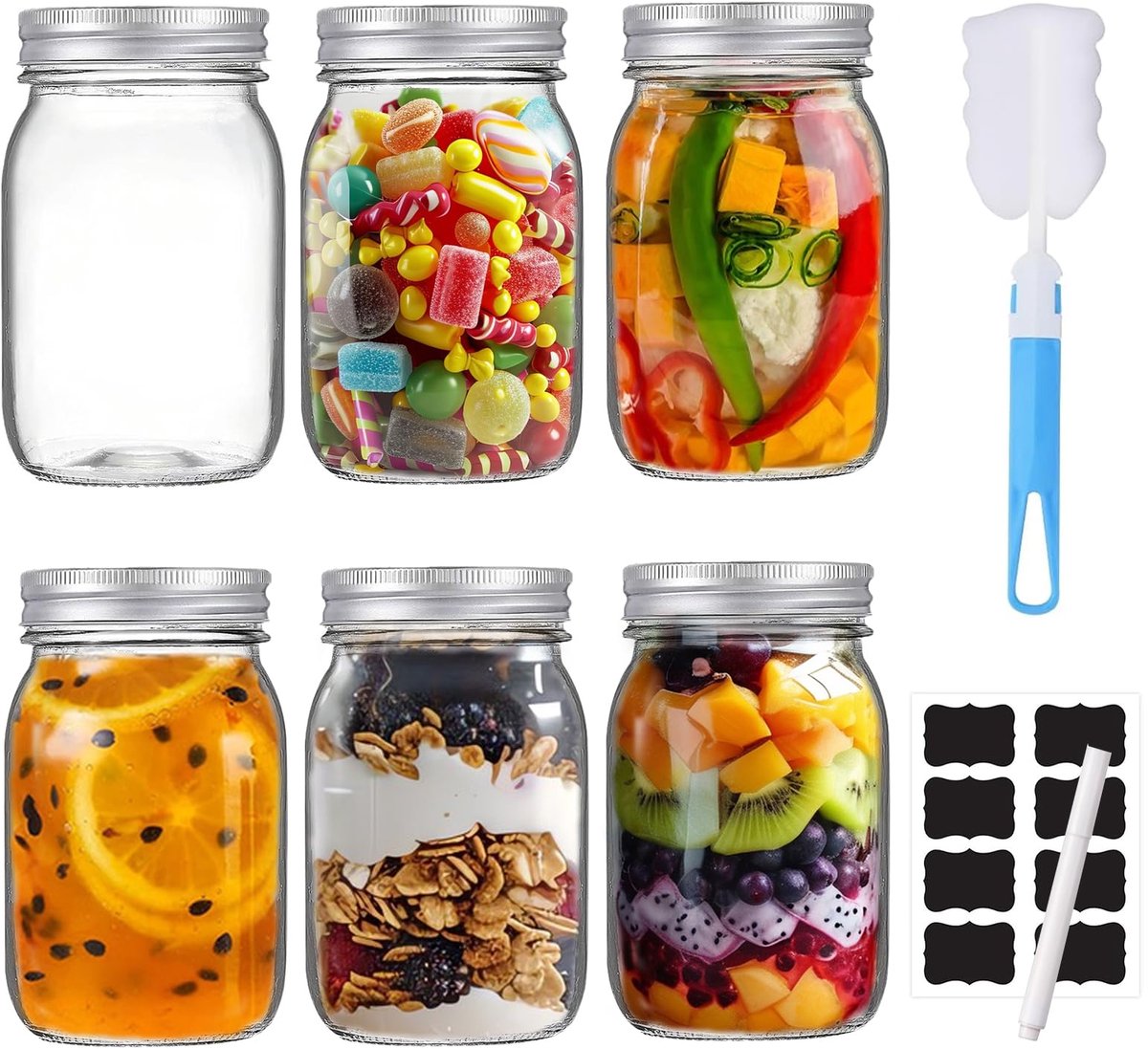 Omgoods - 500ml Mason Jars Set van 6 - Luchtdichte Potten voor Voedselopslag