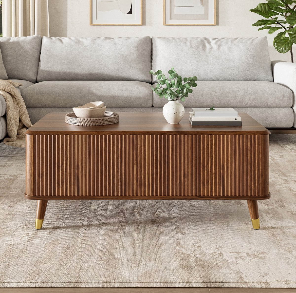 DESMIU Salontafel - In Hoogte Verstelbaar Tafelblad Met Opbergruimte - Voor Woonkamer En Kleine Ruimtes - MDF En Hout - 97x52x56,5 Cm - Walnoot