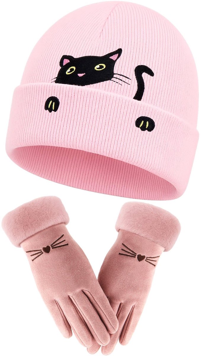 Omgoods - Dames Wintermuts met Kattenoren en Warme Handschoenen, Roze