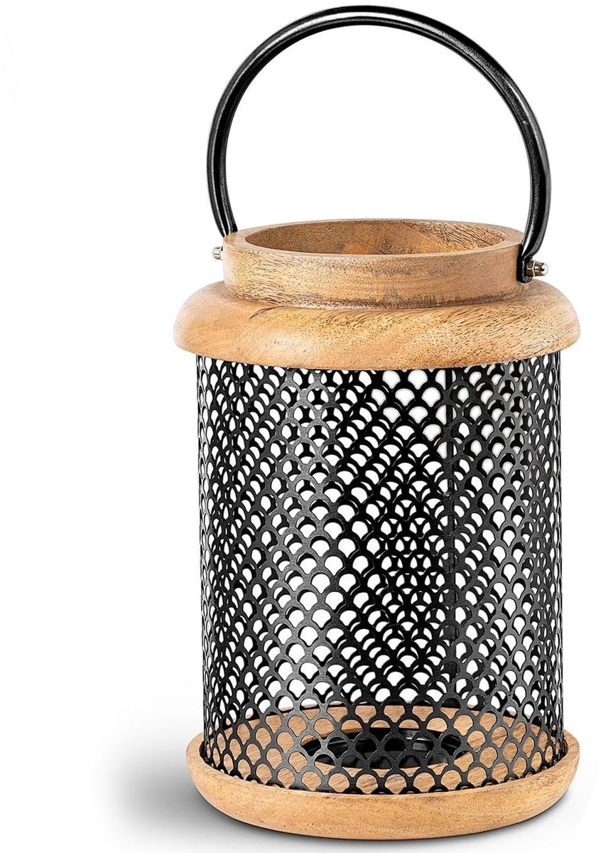 Omgoods - Houten en Metalen Lantaarn in Zwart en Natuurlijk Hout
