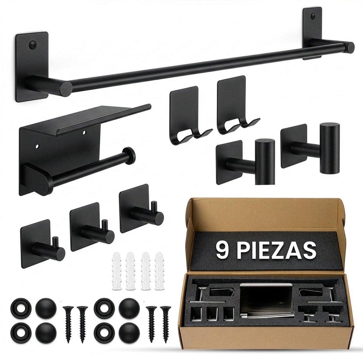 Omgoods - 9-Delige Badkamer Accessoires Set Zonder Boren Zwart RVS
