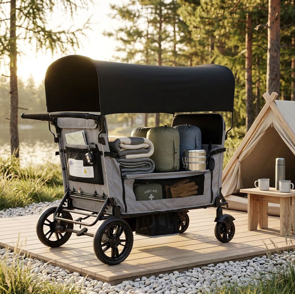 COVREO Kinderwagen 138x72x126 cm grijs, 4 zitplaatsen en ligstand