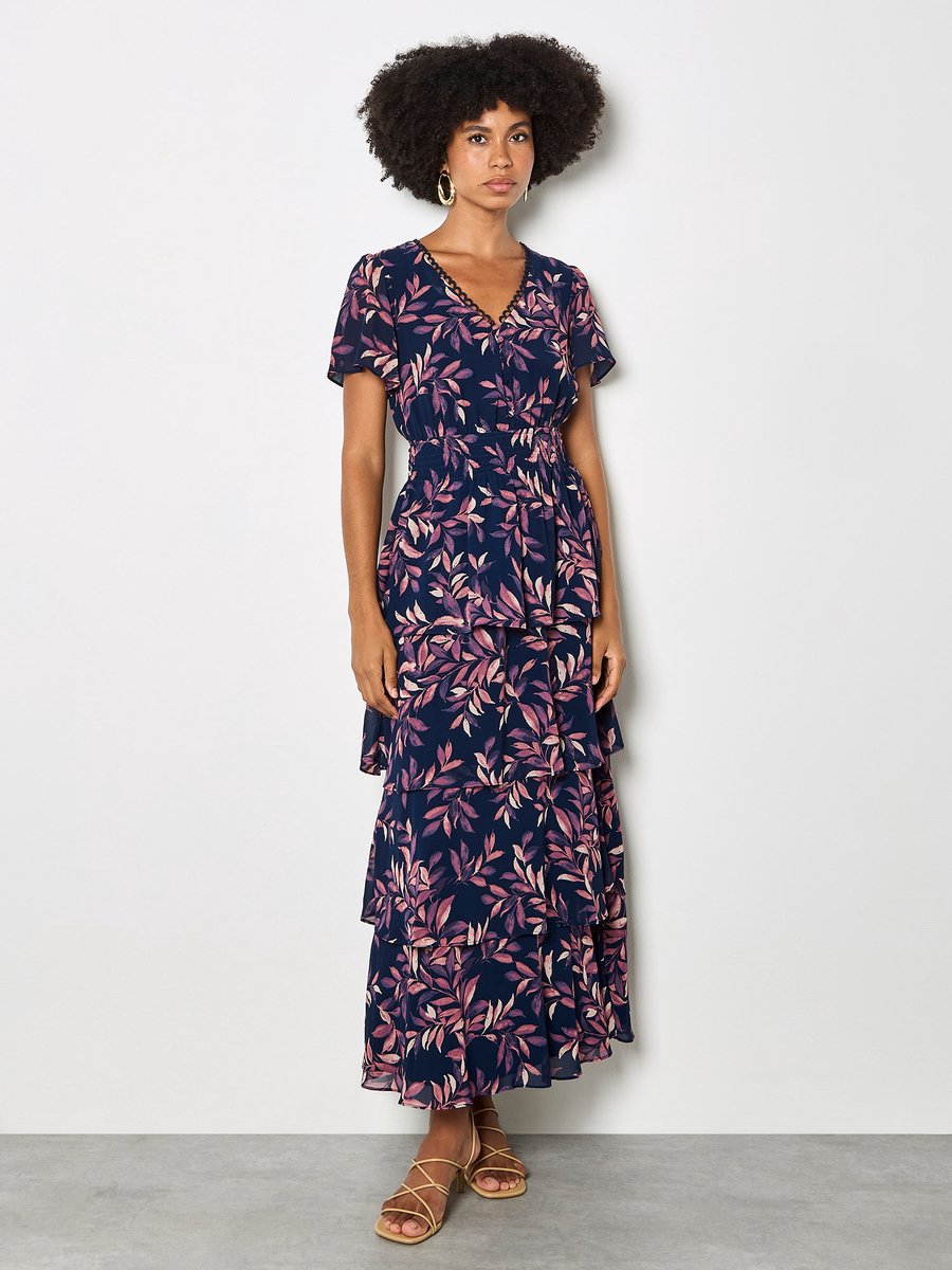 Maxi-jurk met chiffon lagen en bladeren in aquarel