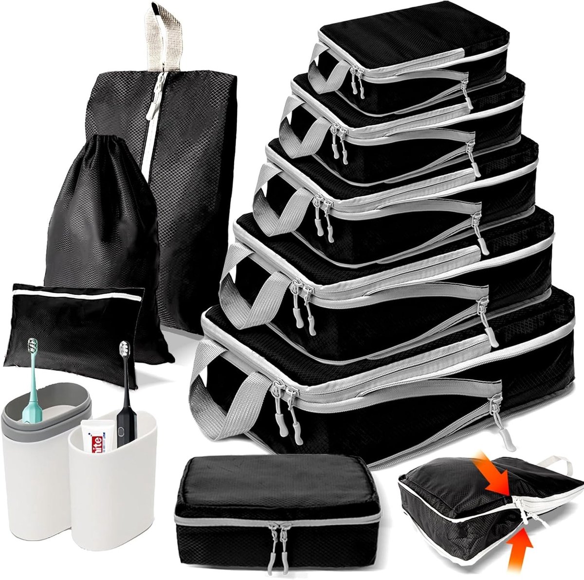 Packkubus Compressieset - Zwart - 10-delig - Comprimeerbare Kofferorganizer - Voor Reizen