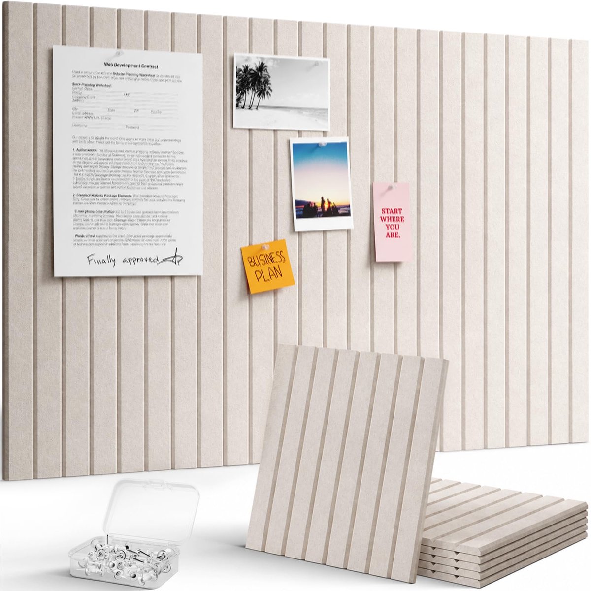 Famanu – Vilt prikbord zelfklevend 90 x 60 cm, 6 stuks kurk alternatief, decoratief vision board fotowand memobord met 30 priknaalden voor kantoor, keuken en kinderkamer, haverbeige