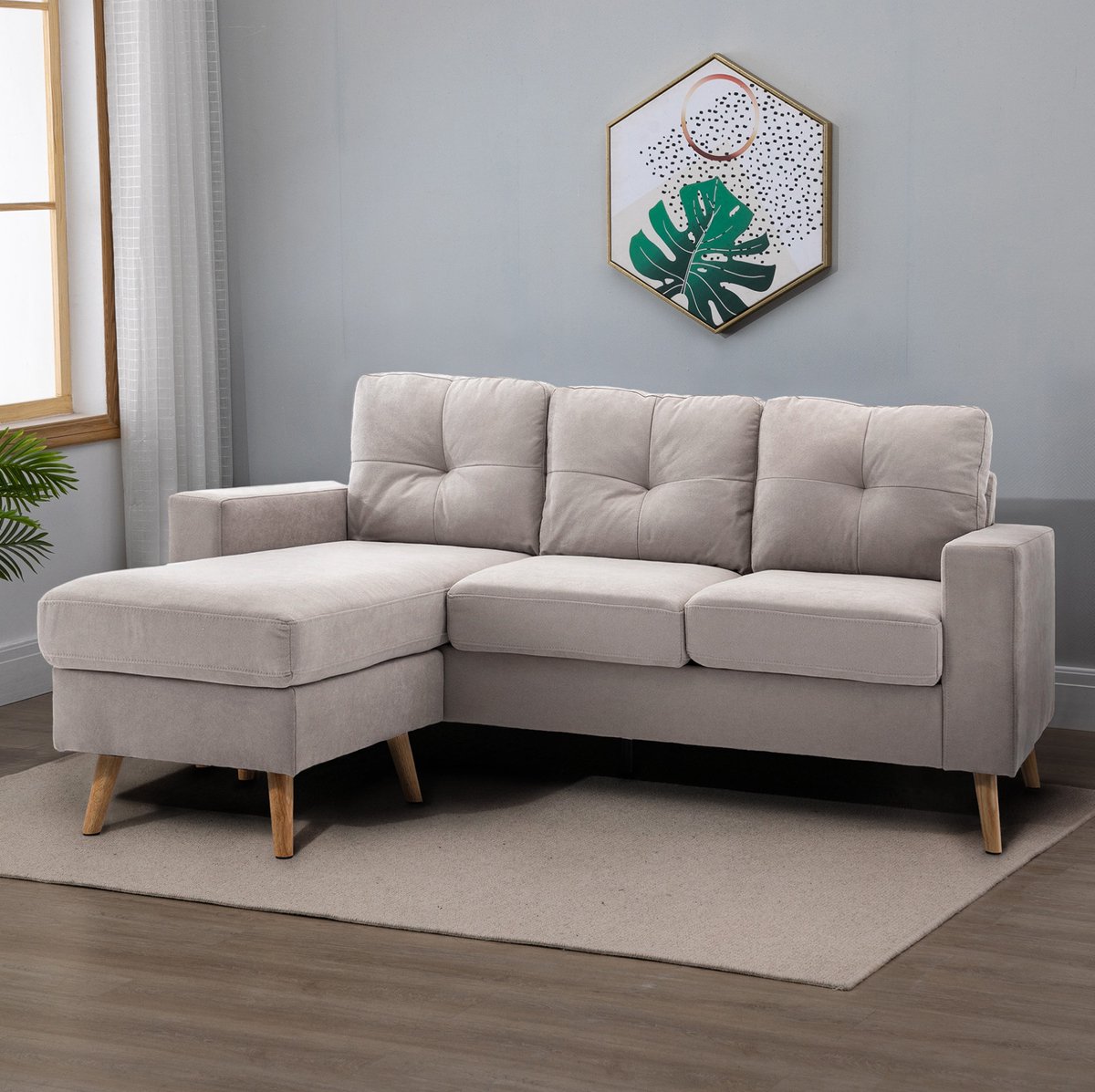 MODENUIT Hoekbank 193 cm - Omkeerbare Chaise Longue - 3-Zits Voor Woonkamer - Linnenlook Stof - Lichtgrijs