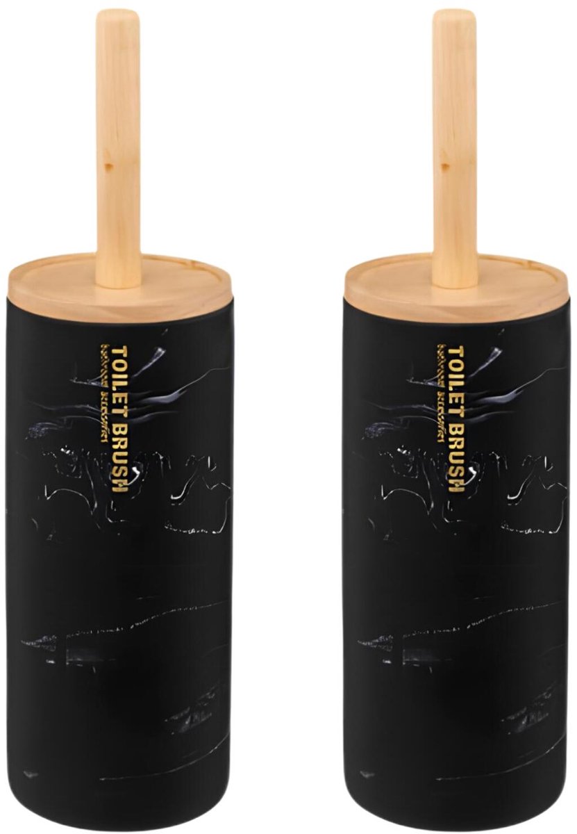5Five WC- 2x -/toiletborstel met houder - zwart met marmer effect - kunststeen/bamboe - 38 cm