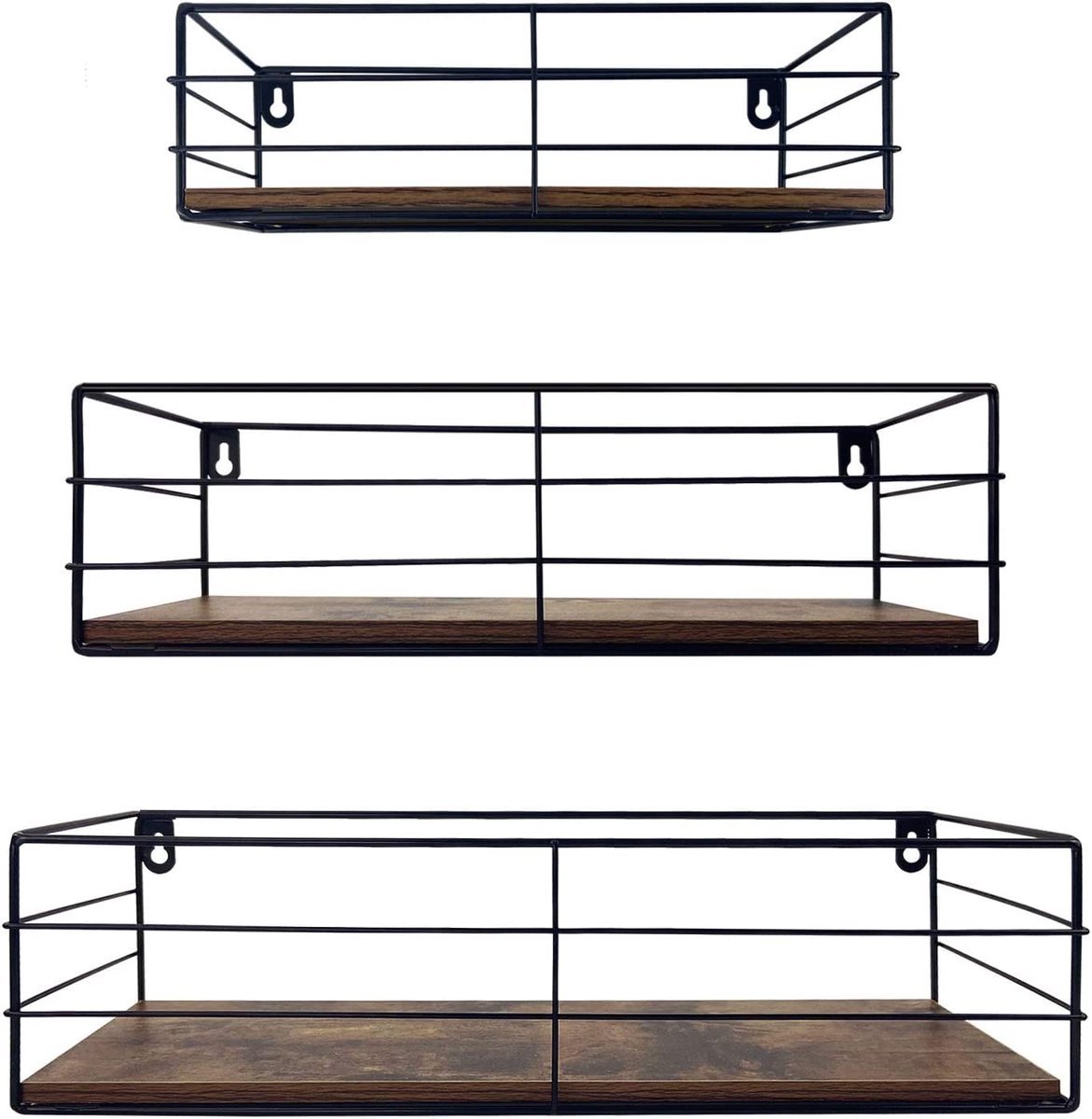 Famanu Wandrek set van 3, zwevende planken met rustieke houten planken en zwart metaal
