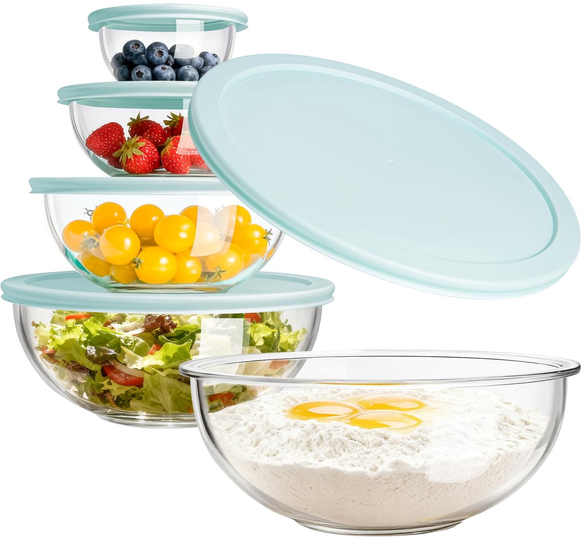 Famanu – Set van 5 glazen mengkommen met deksels, ruimtebesparende nesting kommen, antislip, BPA-vrij voor opslag en koken