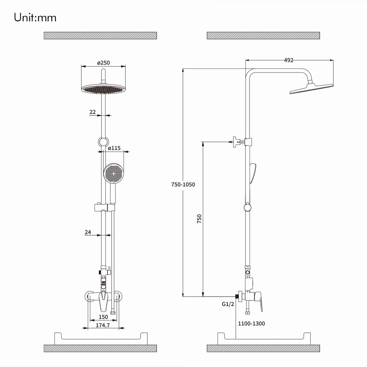 HOMELODY Douchesysteem met kraan, chroom, regendouche met kraan, led-temperatuurweergave, 25 cm, rond, regendouche, 3 - ShopVlot