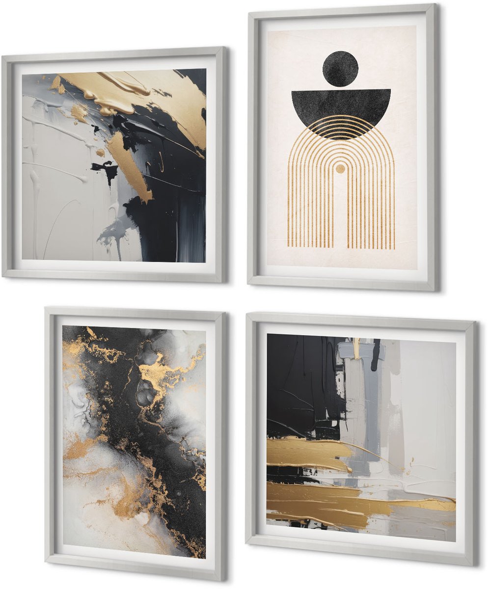 Coloray 4-Delige Schilderij Set - Geometrie en abstractie: elegante compositie - 40 x 40 cm en 40 x 60 cm - Muurdecoratie - Interieur Decoratie
