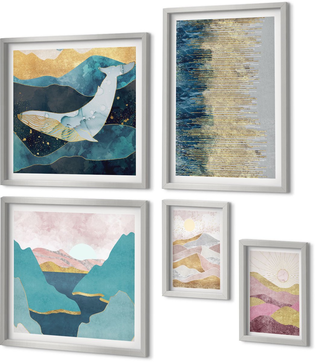 Coloray 5-Delige Schilderij Set - Abstracte Landschappen Met Bergen En Zon - 20 x 30 cm - Stijlvolle Wanddecoratie - Interieur - Decoratieve Schilderijen Zilveren lijst