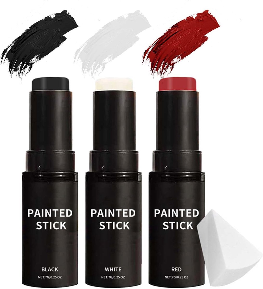 Bodypainting verfset, 3 kleuren, make-upstift, zwart, wit, rood, met spons - ShopVlot
