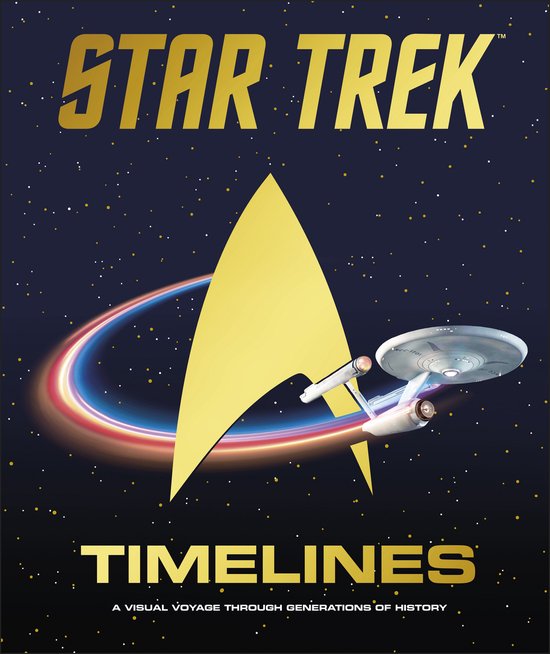 Star Trek Timelines met het Starfleet-symbool en de Enterprise die door een gekleurde ring vliegt, tegen een sterrenhemel.
