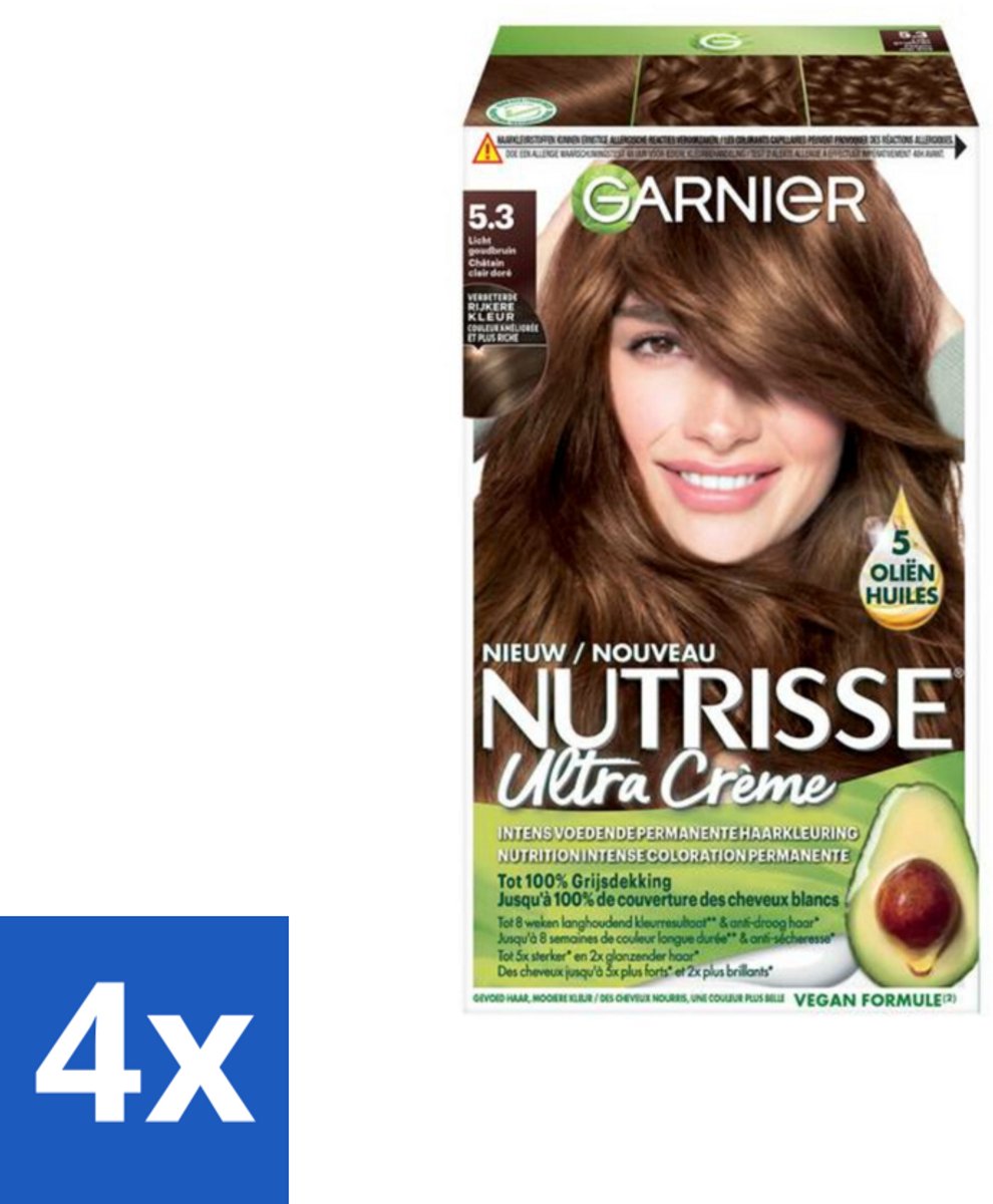 4 x Garnier - Nutrisse Ultra Crème 5.3 - Haarkleuring - Licht Goudbruin - Intens Voedend - Permanente Kleur - Haarverf - Permanente Haarkleur - Licht Goudbruin - Grijsdekking - Voedende Haarkleuring