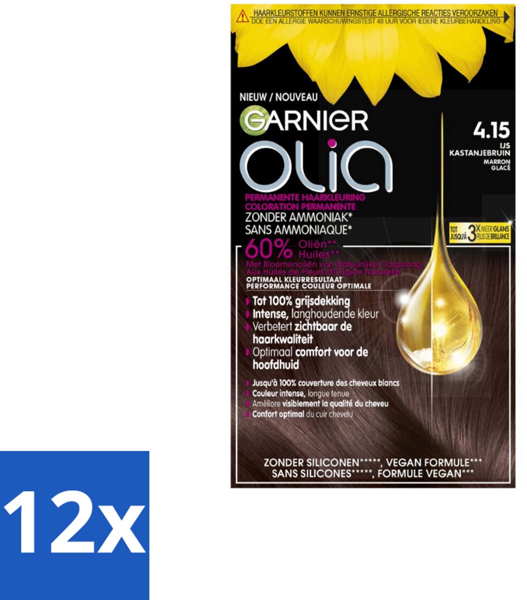 12 x Garnier - Olia 4.15 - Haarkleuring - Kastanje Middenbruin - Zonder Ammoniak - 100% Grijsdekking - Permanente Haarkleuring - Haarkleur - Kastanje - Middenbruin - Grijsdekking