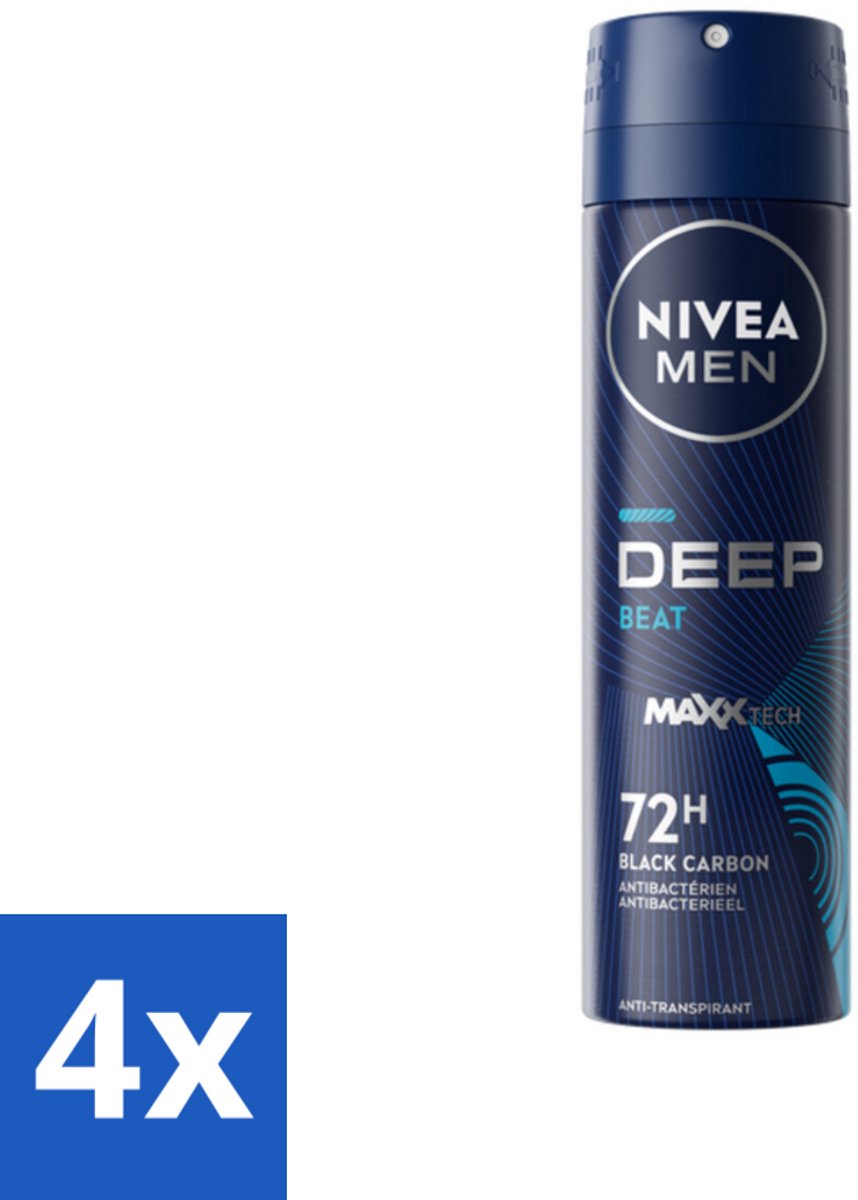 4 x NIVEA MEN - Deospray - Deep Beat - 150 ml - Anti-transpirant Spray - Zweetbehandeling - Houtige Geur - Mannelijke Geur - Droge Huid